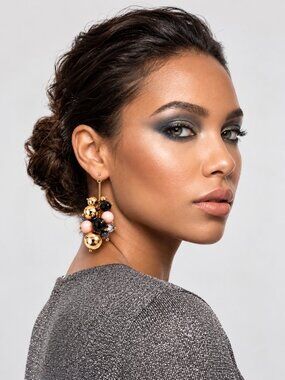 LOFT Cluster Dangle Earrings Gold Tone Black Blush Pink Beaded NWT